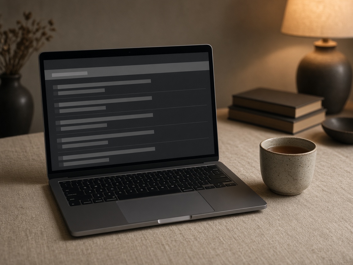 A laptop showing a list of message rows, with a cup of tea and a lamp.