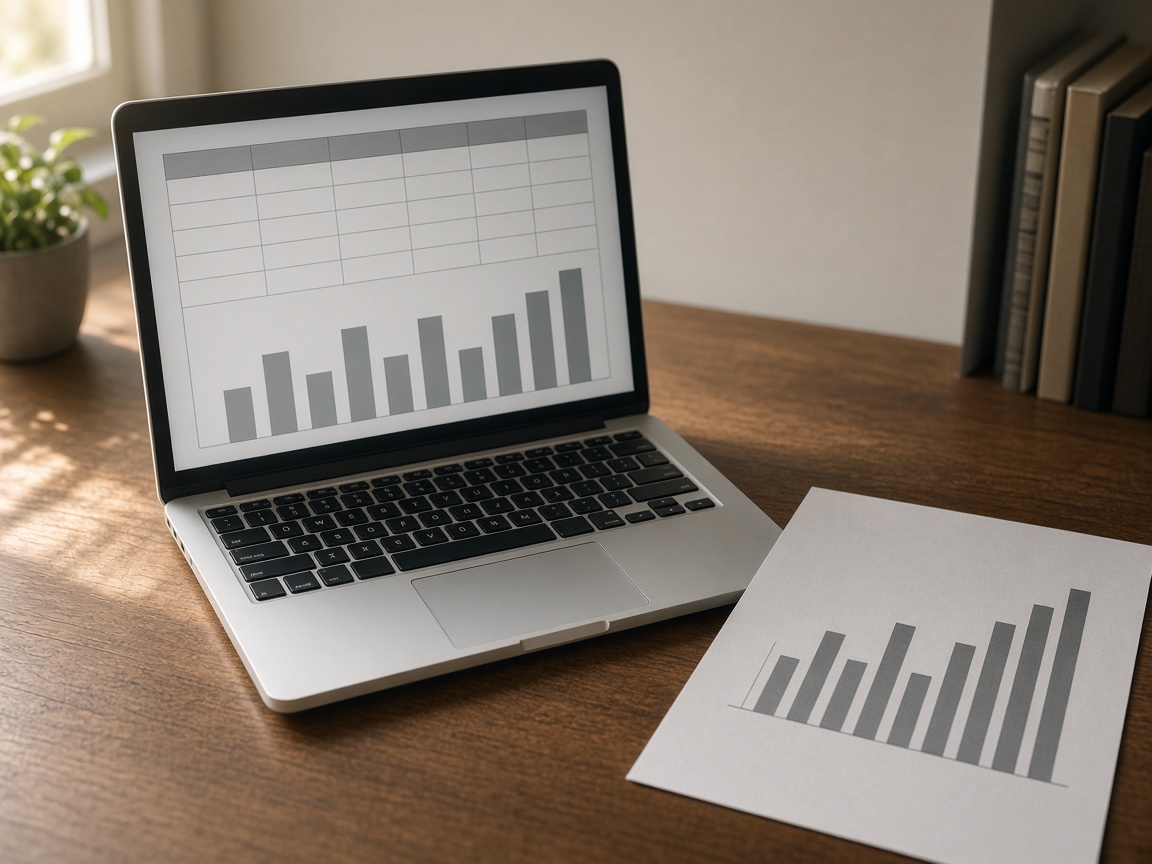 A laptop showing a table and an unlabeled bar chart, with the same chart printed beside it.