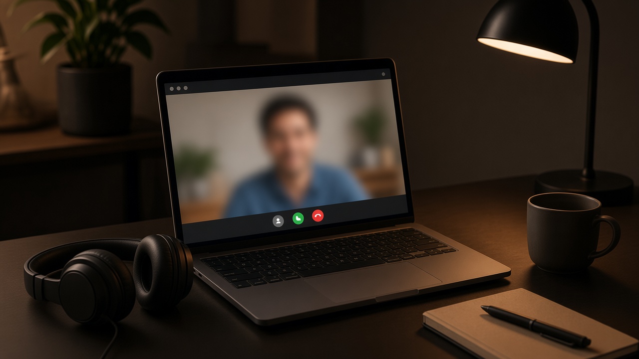 A laptop on a desk showing a blurred video call, with headphones and a notebook.
