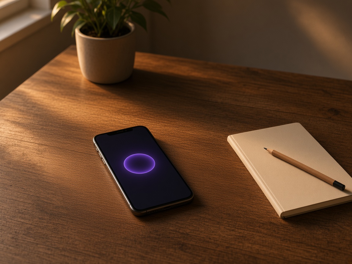 A phone on a wooden desk beside a notebook and a pencil.