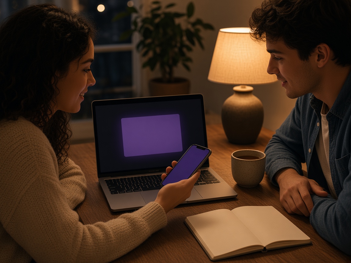 Two people at a desk, one showing a phone, with a laptop open between them.