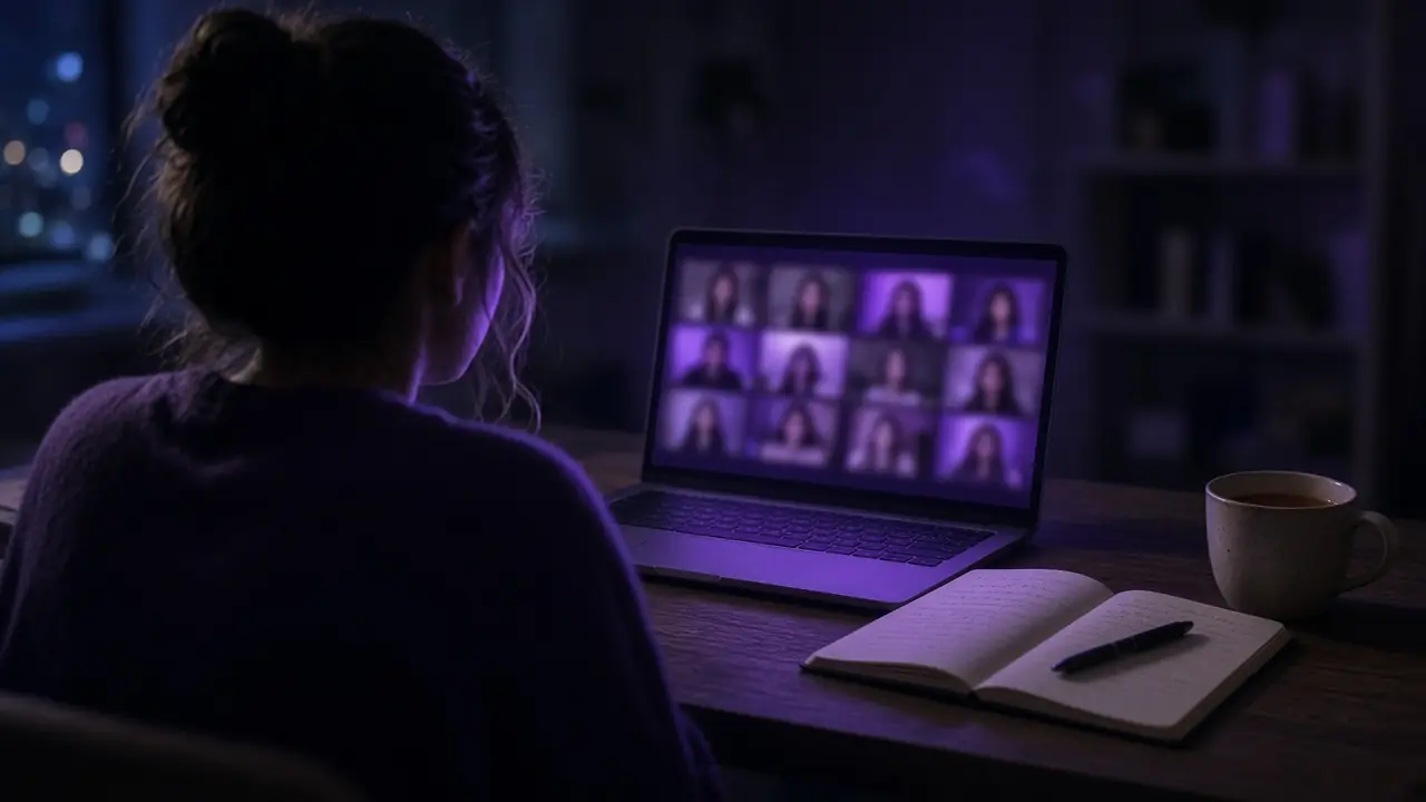 A live cohort class on a laptop at night
