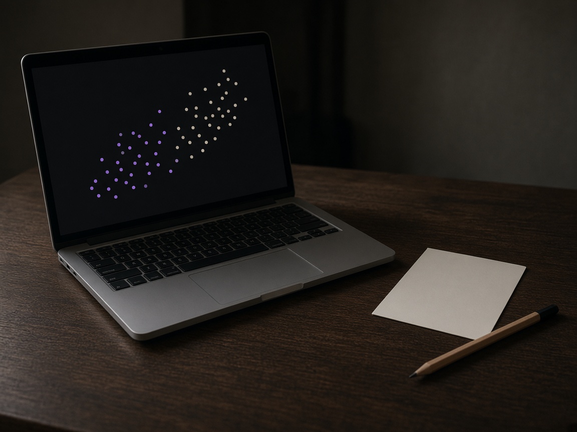 A laptop showing two clusters of dots, with a blank card and a pencil beside it.