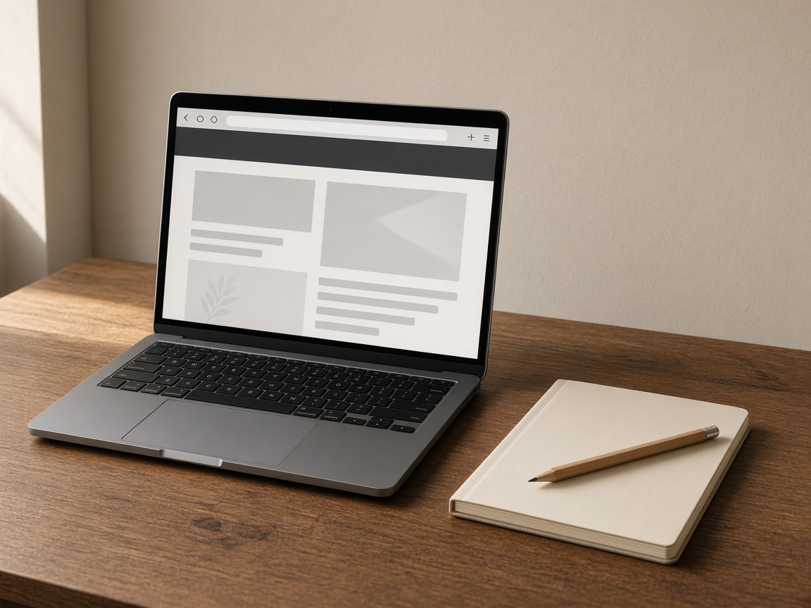 A laptop on a wooden desk showing a blank page layout in a browser, with a notebook and pencil.