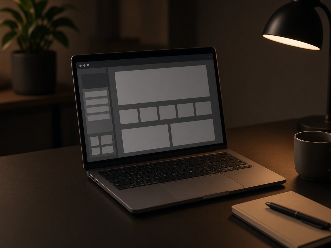 A laptop showing an app layout with a sidebar and content panels, under a desk lamp.