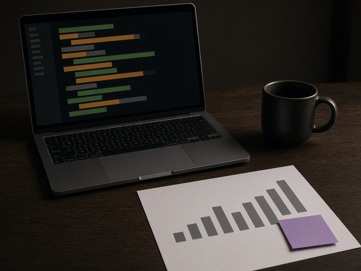 A laptop showing colored lines of code, next to an unlabeled bar chart and a mug.