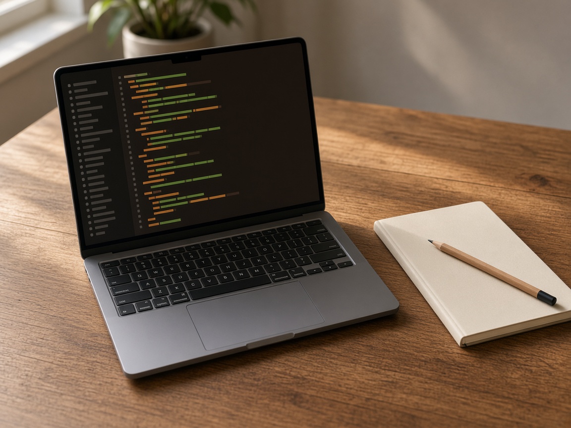 A laptop showing colored lines of code, with a blank notebook and a pencil.