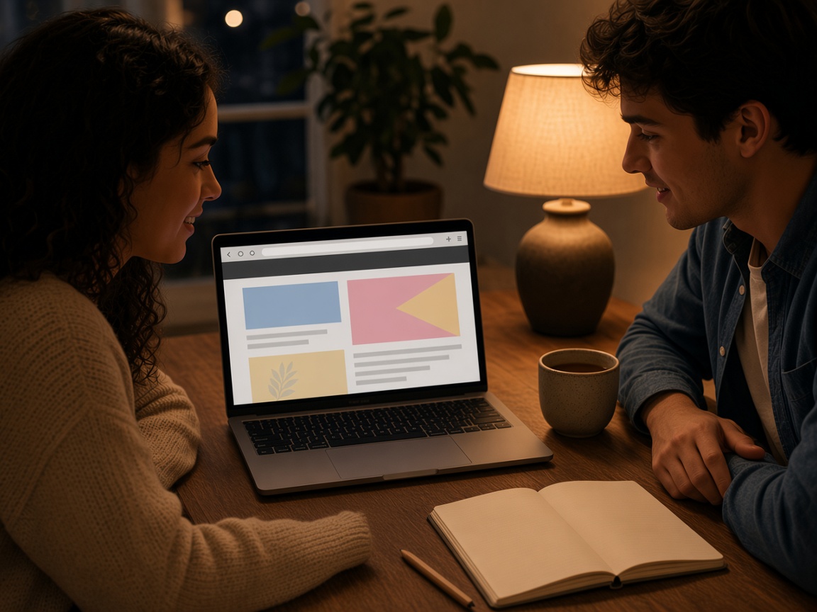 Two people at a desk reviewing a project layout on a laptop.