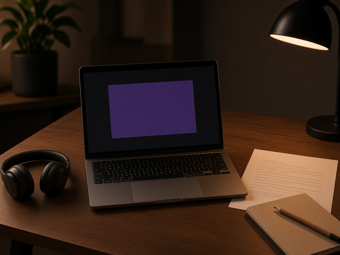 A laptop on a wooden desk with headphones, a notebook, and a pencil.