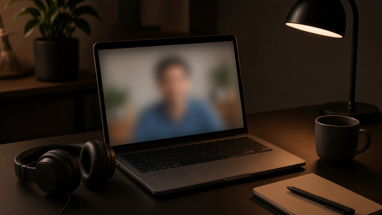 A laptop on a desk during a live class, with headphones and a notebook.