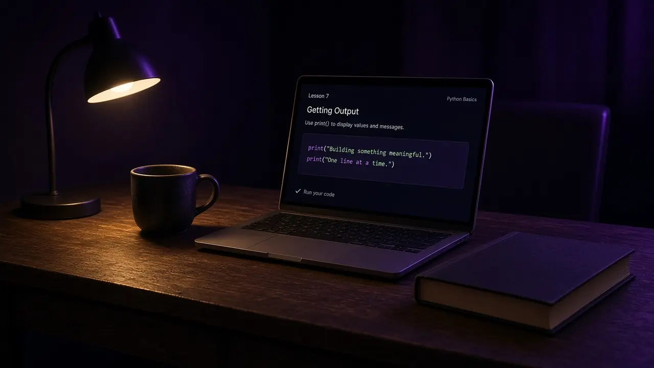 A laptop on a desk at night, with a Python lesson on the screen